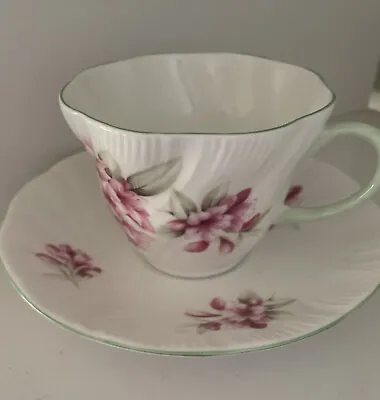 Buy Rosina Queens Tea Cup Saucer Fine Bone China Pink Flowers Green Edges Ribbed  • 8.54£