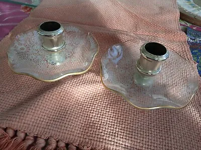 Buy Chance Glass Candle Holders Vintage Lace Pattern Gold Fluted Rims X 2 • 15£