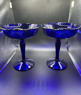 Buy Set Of 2 Cobalt Blue 7  Footed Glass Compotes Octagon Rim • 24.07£