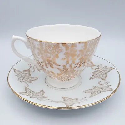 Buy Vintage Royal Vale/Delphine Bone China Cup And Saucer Set White & Gold Floral • 8£