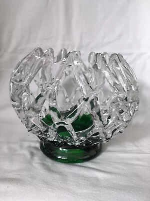 Buy Stunning Art Glass Fruit Bowl Emerald Green With Applied Lattice Clear Glass • 195£