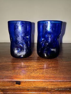 Buy 2 Blenko Cobalt Blue Glass Hand Made Tumbler Glass 4.5” Tall Dimpled • 33.07£