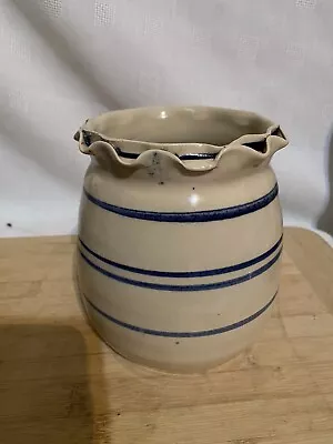 Buy Crock~Utensil Jar Marshall Pottery Texas Blue Stripe Ruffled Edges - Signed • 19.26£