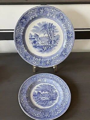 Buy Set Of 2 Antique Blue Transferware Edge Malkin Italy Pattern Plate Staffordshire • 22.84£