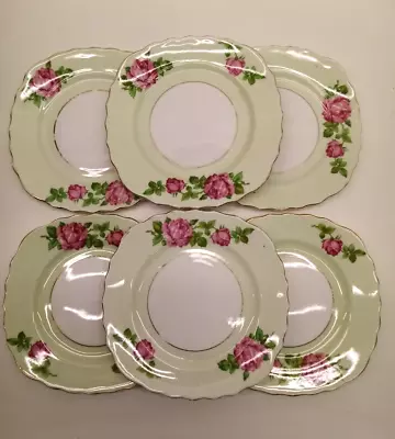 Buy Colclough 6 X Square Side Plates Green With Pink Rose Flower Bone China England • 8.99£