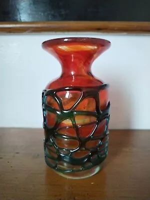 Buy Vintage Mdina Red  Orange & Blue Overlay Trails Art Glass Vase. 6inch • 29.99£
