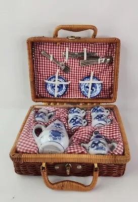 Buy Vintage Dutch Blue And White China Children's Play Tea Set In Wicker Picnic... • 48.02£