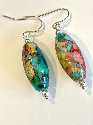 Buy Turquoise Glass Watercolour Boho Indie Silver Drop Earrings • 6.99£
