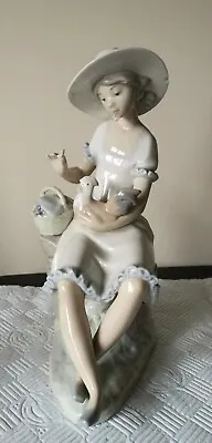 Buy Large NAO By Lladro -  Sitting Girl With Chicken & Basket  - 1984 - Unboxed • 15£