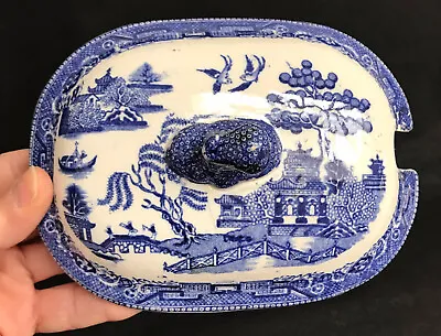 Buy Antique Blue & White  Willow  Pattern Pottery Sauce Tureen / Dish Lid Ladle Slot • 3.50£