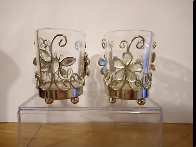 Buy Pair  Silver Metal Glass Tealight Holders Butterfly Flowers  • 10£