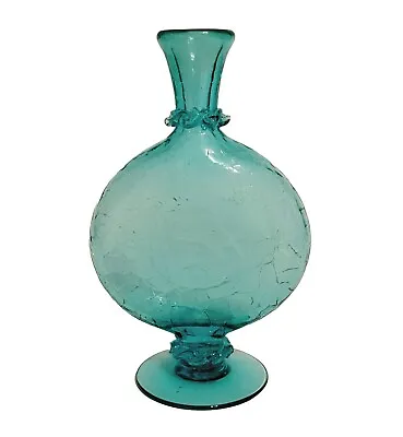 Buy Aqua Crackle Glass Bottle Vase Footed Applied Rigaree Vintage Mid-Century  • 53.01£