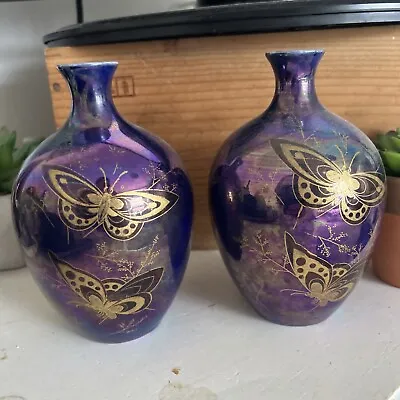 Buy Art Deco Pair Crown Devon Lustre Fielding’s Pottery Vases Butterflies 1930’s • 59£