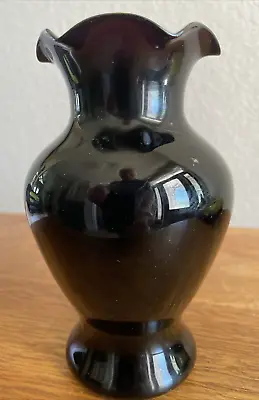 Buy Vintage Black Amethyst Deep Purple Art Glass Ruffled Edge Vase 5 1/2in Tall Exc • 7.70£
