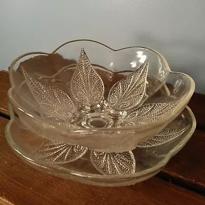 Buy Vintage Clear Glass Candy Bowls, Set Of 2, Footed, Textured Leaves • 19.21£