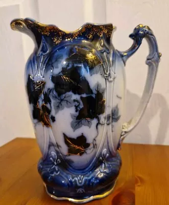 Buy Antique Flow Blue Ironstone & Gilt Water Jug / Ewer / Vase • 16£