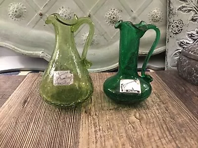 Buy 2 VINTAGE PILGRIM GLASS COMPANY OLIVE GREEN CRACKLE GLASS MINI-PITCHER Ruffle • 34.31£
