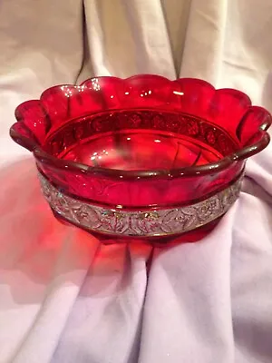 Buy Vintage Antique Cranberry Glass Heavy Bowl With Silver Coloured Detailed Band • 20£