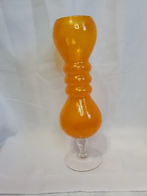 Buy Orange Tangerine Crackle Glass Footed Vase Clear Base 13.5  Vintage Blenko • 50.62£