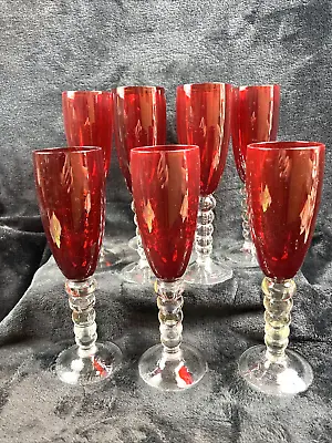 Buy Vintage Ruby Red Crystal Champagne Flutes W/Ball Stems ~~ Set Of 9 • 57.49£