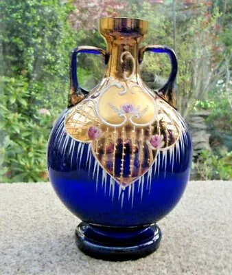 Buy Vintage Cobalt Blue Glass Bottle HAND PAINTED Vase Candle Holder • 25£