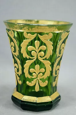 Buy Bohemian Harrach Raised Gold Empire Scrolls Green Cut Spa Glass Tumbler 1830-60 • 196.87£