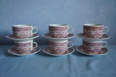 Buy Willow Ware Royal China USA 6 Cup & Saucer Sets Red Pink Underglaze Ironstone • 38.35£