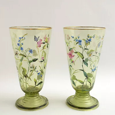 Buy 19c Pair Bohemian Enamel Green Glass Vases Antique Victorian Floral Butterflies • 278.77£