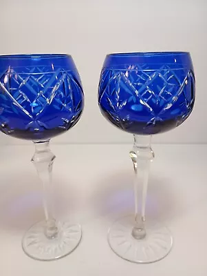 Buy Vintage Stemware Cobalt Cut To Clear Crystal Glass Wine Goblets 7.5 X3  • 33.62£