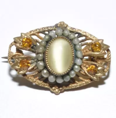 Buy Sweet Vintage Art Deco Yellow Satin Glass Filigree Rhinestone Glass Brooch • 7.99£