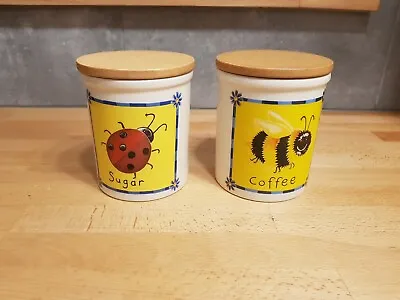 Buy Cloverleaf T G Green Pottery Canisters X2 Wooden Lids Ladybird Bee  Sugar Coffee • 22£