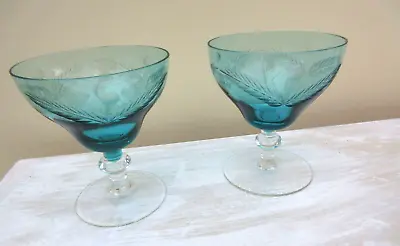 Buy 2 X 1940's Vintage Drinking Glass Handmade Turquoise Engraved  Leaf Pattern • 17.99£
