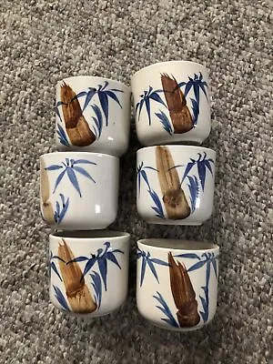 Buy Set Of Six(6) Small Size Stoneware Bamboo Tea Cups, Cream Brown  Blue • 11.51£