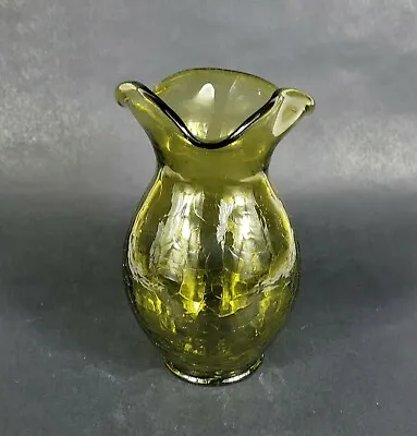 Buy Vintage Crackle Glass Vase Hand Crafted Green 9 Inches Tall Pinched Rim • 21.71£