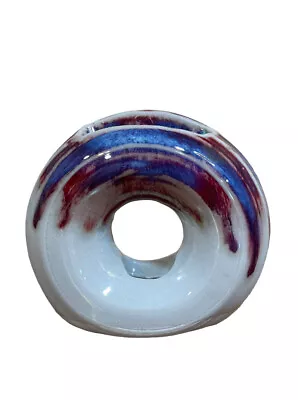 Buy Studio Pottery Round Donut Vase Blue Small Ceramic Signed Judy Drip Glaze Boho • 21.27£