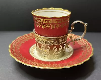 Buy Aynsley Red & Gold Coffee Cup And Saucer With Sterling Silver Holder • 34.99£