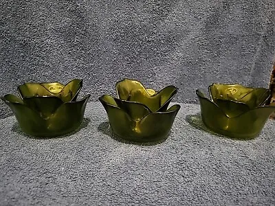 Buy Vintage Olive Green Glass Candle Stick Holders X3 Flower Shape Handmade  • 25£
