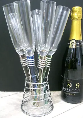 Buy 6 Harlequin Coloured Long Stem Champagne Flutes Individually Held In Metal Stand • 20£