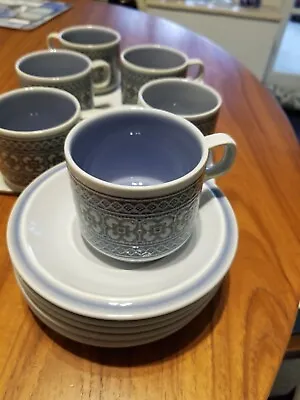 Buy Vintage HORNSEA Pottery Tapestry Blue Tea Cups And Saucers X 6 • 10.99£