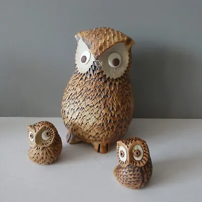 Buy Vintage Handmade Stoneware Art Pottery Owl Family Figurine Ornaments Textured • 14.99£