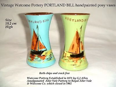 Buy Vintage Watcomb Pottery Two PORTLAND BILL Hand Painted Sailing Ship Posy Vases • 9.99£