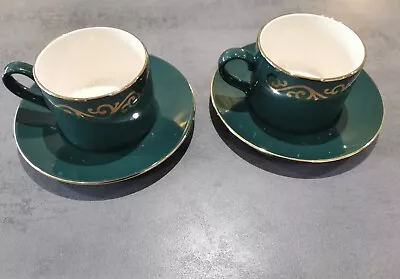 Buy Pair Of Lovely Hornsea Pottery Venetian Scroll Green & Gold Tea Cup & Saucers • 7.95£
