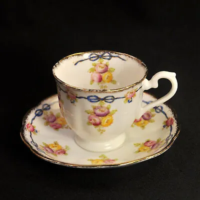 Buy Royal Albert Footed Cup & Saucer Hampton Shape #8374 Blue Bows W/Gold 1927-1935 • 44.63£