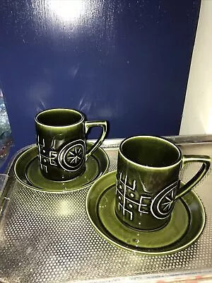 Buy 2 Vintage Portmeirion Green Totem Coffee Cups Saucers Susan Williams-Ellis 60s • 12£