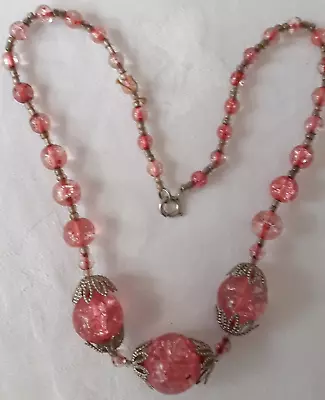 Buy Vintage Necklace Pink Crackle Glass Beads Silver Tone Filigree Bead Cups 15  • 14£