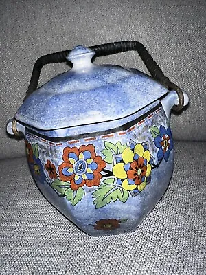 Buy Antique Rubian Art Pottery England Blue Floral Biscuit Jar W Bamboo Handle C1906 • 11.30£
