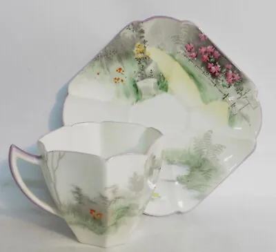 Buy Shelley Queen Anne Coffee Cup & Saucer  Country Lane With Flowers & Pond  11675 • 19.99£
