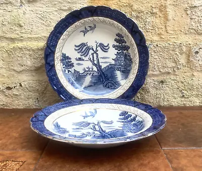 Buy Two Booths Real Old Willow Blue & White 10 Inch Shallow Wide Rimmed Soup Bowls • 13.99£