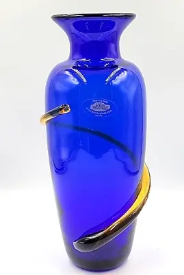 Buy Vtg Blenko Glass 9907L Cobalt Blue Vase W/Topaz Band Signed Richard Blenko 2000 • 94.18£
