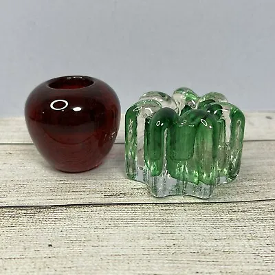 Buy 2 Vintage Candle Holders, Signed Eirian Green Art Glass, Red Controlled Bubble • 9.99£